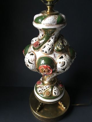 Early Italian Capodimonte Style Table Lamp Floral Dolphins Brass Pierced Vintage