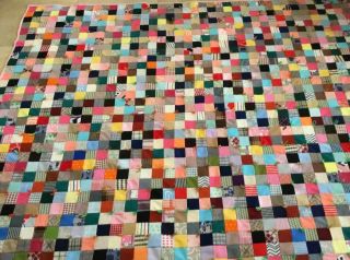 Vintage Patchwork Quilt,  Hand Made,  Nine Patch,  Polyester,  Vivid Colors,  1970’s