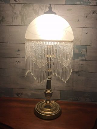 Vintage Brass Lamp With Frosted Glass And Beaded Fringe 19”