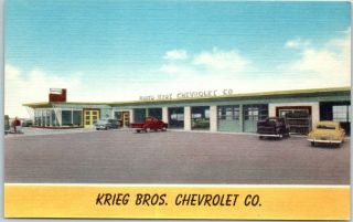 Thrall,  Texas Postcard Kreig Bros.  Chevrolet Chevy Car Dealer Linen 1950s