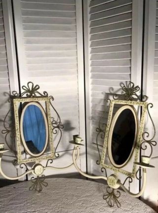 Farmhouse Shabby Chic Vintage Pair Painted Metal Mirror Candelabras Wall Sconces