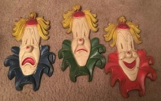 1960’s - 3 Vintage Metal Clowns 10,  In.  Sexton Mold Wall Art Hanging