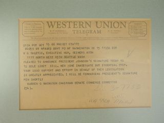 Lyndon B.  Johnson 1966 DOT Highway Bill Signing Pen,  Telegram Presidential Seal 2