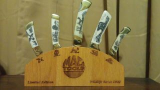 Rare Mac Tools & Bear Cutlery Scrimshaw Wildlife Knife Set Linda Layden