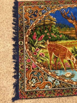 Vtg Velvet Deer Tapestry Wall Hanging Rug Stag Fawn Cabin,  Camp,  Man Cave 4’X6’ 5