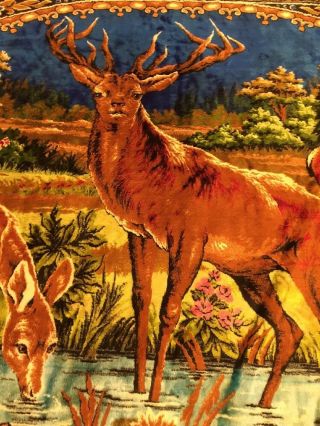 Vtg Velvet Deer Tapestry Wall Hanging Rug Stag Fawn Cabin,  Camp,  Man Cave 4’X6’ 8