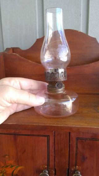 Vintage Miniature Depression Glass Elegant Period Pink Etched Glass Oil Lamp
