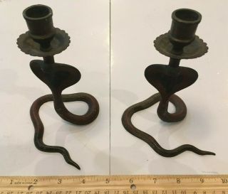 Vintage Etched Brass Bronze Cobra Pair Candle Holders 6 "