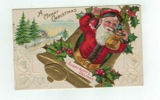 Antique Embossed Christmas Post Card Santa In Gold Foil Bell With Kitten In Bag
