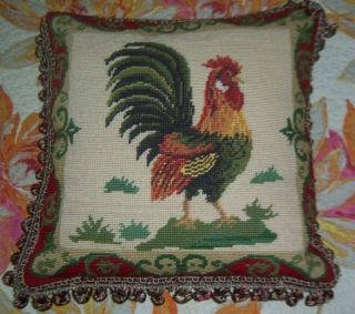Vtg French Country Wool Needlepoint Rooster Square Pillow Tassel Pom Pom Fringe