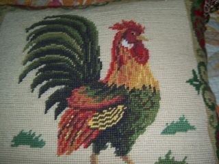 Vtg French Country Wool Needlepoint Rooster Square Pillow Tassel Pom Pom Fringe 2