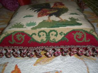 Vtg French Country Wool Needlepoint Rooster Square Pillow Tassel Pom Pom Fringe 4