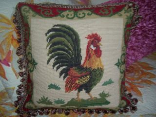 Vtg French Country Wool Needlepoint Rooster Square Pillow Tassel Pom Pom Fringe 5