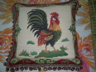 Vtg French Country Wool Needlepoint Rooster Square Pillow Tassel Pom Pom Fringe 6