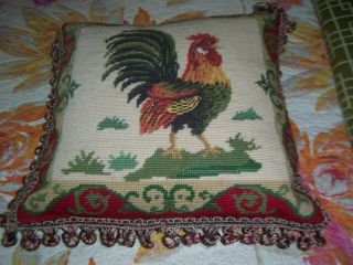 Vtg French Country Wool Needlepoint Rooster Square Pillow Tassel Pom Pom Fringe 7