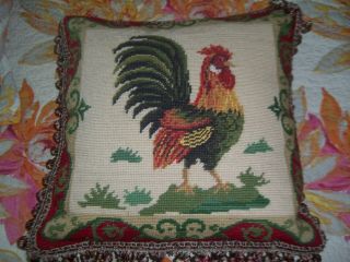 Vtg French Country Wool Needlepoint Rooster Square Pillow Tassel Pom Pom Fringe 8