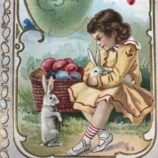 Antique Nash Postcard Easter Girl Yellow Dress Holds Rabbit Embossed Egg Border