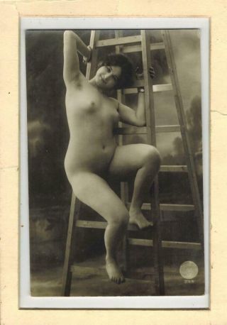 French Nude Woman On Ladder 1910 - 1920 Photo Postcard S15