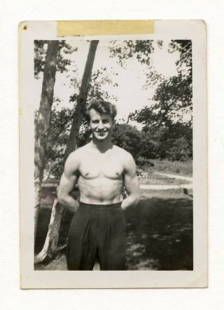24 Vintage Photo Shirtless Beefcake Soldier Boy Man In Park Snapshot Gay