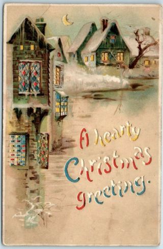 Vintage Hold - To - Light Postcard " A Hearty Christmas Greeting " River Houses 1910s