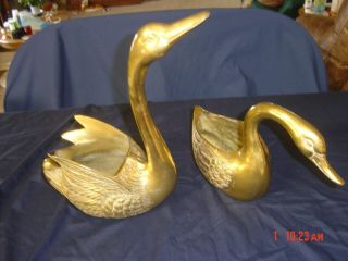 Vintage Stunning Solid Brass Swans Planters,  Decorative Vase