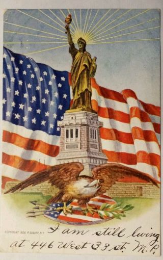 Vintage 1906 Patriotic Postcard,  P.  Sander,  Eagle/statue Of Liberty/us Flag Udb