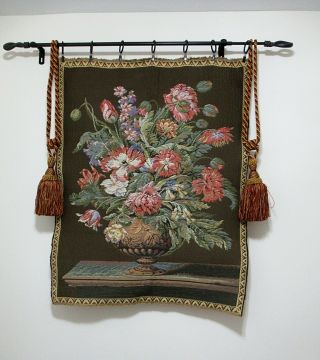 Vtg 33 " X 26 " Belgian Tapestry Wall Hanging Vase With Flowers