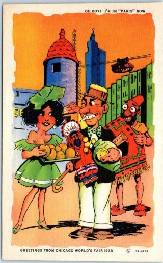 1933 Chicago Expo " Paris " Postcard Ray Walters Comic Curteich Linen 3a - H638
