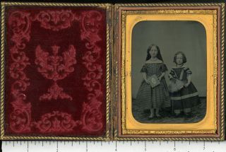 A Wonderfull Ambrotype Of Two Sisters Posed With One Holding A Toy Doll