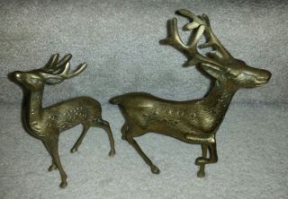 (2) Vintage Mid Century Modern Large Brass Deer Statues Reindeer Buck & Doe