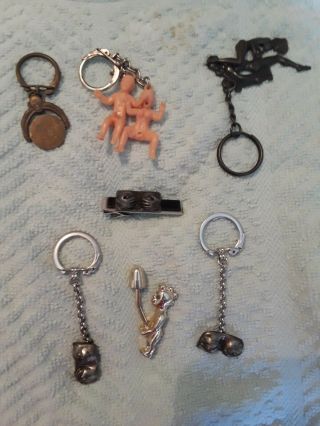 Vintage Authentic 1970s Novelty Sexy Naughty Moving Keychains (6) And 1tie Clip