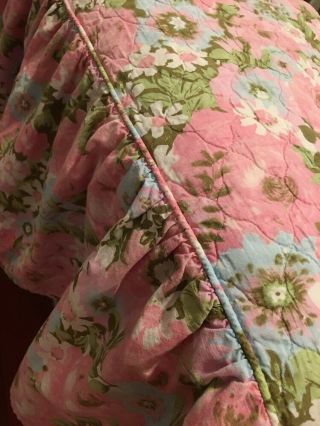 Vintage Pink Blue Floral Twin Cotton Quilted Bedspread