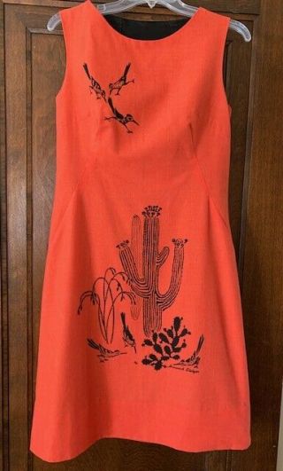 Vintage Harwood Steiger Fabric Shift Dress Roadrunner Cactus Pattern Size 6 - 8