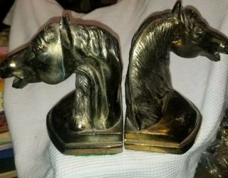 Vintage Cast Brass Horse Head Bookends 6 " H Patina