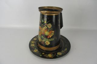 Vintage Hand Painted Floral Tin Pitcher 10 " & Wooden Base 12 "