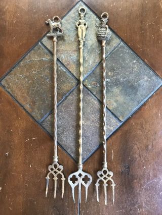 Vintage English Brass Toasting Forks Fireplace Accessory Set Of 3 Terrier Dog