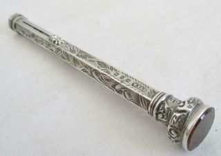 Antique Silver Combination Dip Pen & Propelling Pencil Topaz Stone Finial 1899