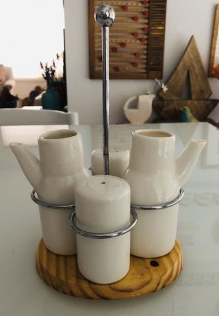 Vintage White Ceramic Oil Vinegar Salt And Pepper Cruet Set On Wood Tray