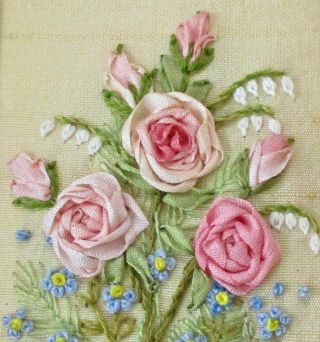 Miniature Handmade Silk Ribbonwork Flowers Pink Roses Forget - Me - Nots Lov Framed