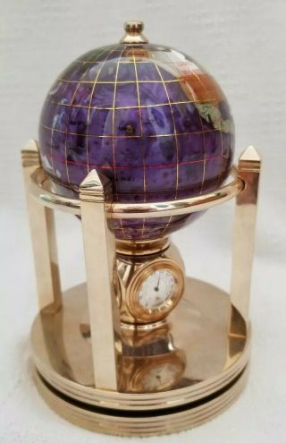 Gorgeous World Globe Semi Precious Gemstone With Clock,  Thermometer