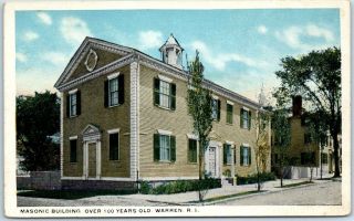 1930s Warren,  Rhode Island Postcard " Masonic Building Over 100 Years Old "