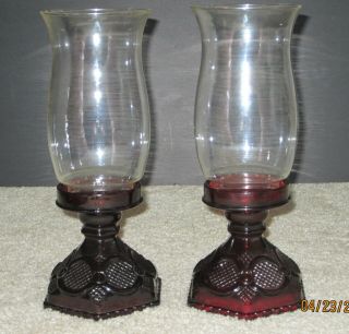 Avon Cape Cod Ruby Red Glass Hurricane Candle Lamps (2),  Made By Fostoria Glass