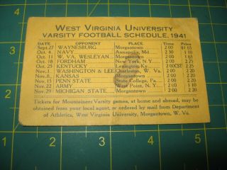 1941 W.  V.  U.  West Virginia University Football Team Pocket Schedule College Nr