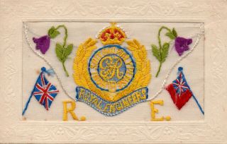 Royal Engineers: Military Badge: Ww1 Patriotic Embroidered Silk Postcard