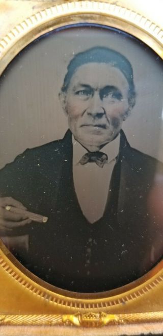 Rare 1/6 Ambrotype Of Native American Man Holding Tinted Cigar In Half Case