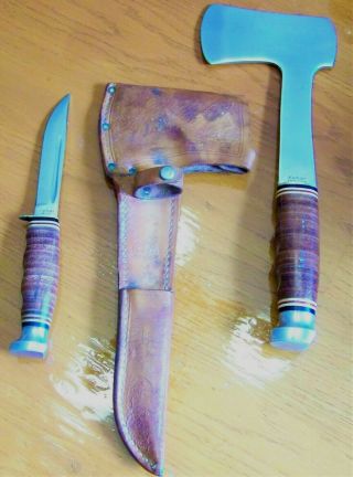 Vintage Ka - Bar Kabar Hatchet Axe & Knife Leather Sheath Case Xx Western Buck