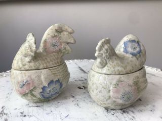 Rare Fitz And Floyd Japan Pair Rooster & Hen Ceramic Canister Set
