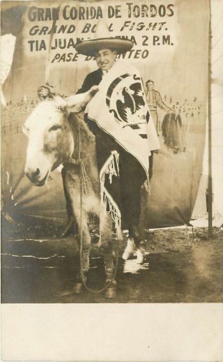 1911 Rppc Tourist Photo American Sombrero Donkey Tijuana Mexico Bullfight Notice