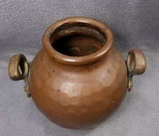 Antique Turkish Hand Hammered Copper Small Ovoid Pot w/ Brass Handles 2