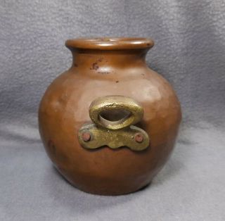 Antique Turkish Hand Hammered Copper Small Ovoid Pot w/ Brass Handles 5